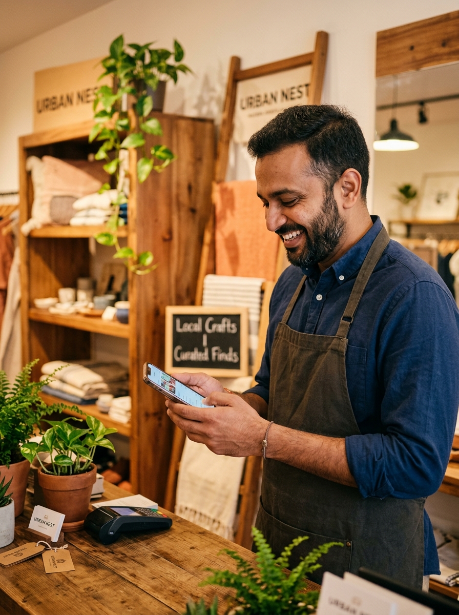 Happy Indian business owner using his smartphone to communicate with customers